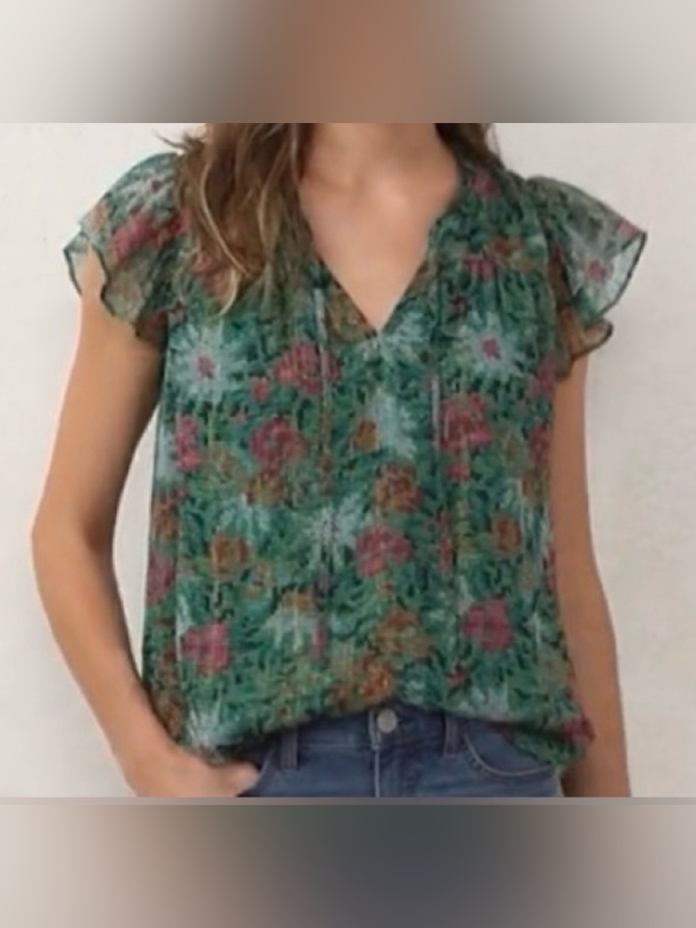 LC Lauren Conrad Green Floral V-Neck Flutter Sleeve Blouse